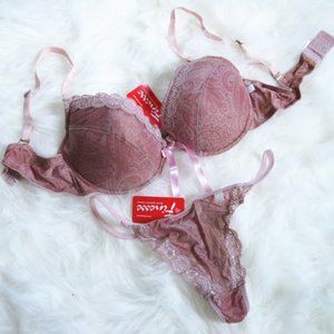 Dusty Rose Pink Lace Padded Demi Bra Thong Set, Convertible Straps, 36B M